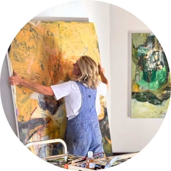 Nicola Bennett moving a large scale painting