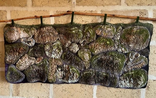 Lynette Warren artwork - mossy dry-stone wall; felted