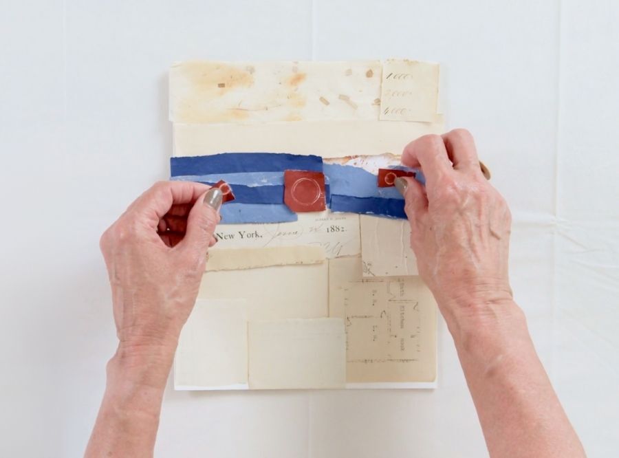 Donna Watson creating during her course The Way of Wabi Sabi Collage